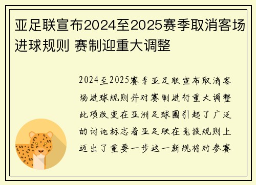 亚足联宣布2024至2025赛季取消客场进球规则 赛制迎重大调整