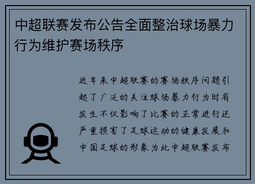 中超联赛发布公告全面整治球场暴力行为维护赛场秩序 中超联赛发布公告全面整治球场暴力行为维护赛场秩序